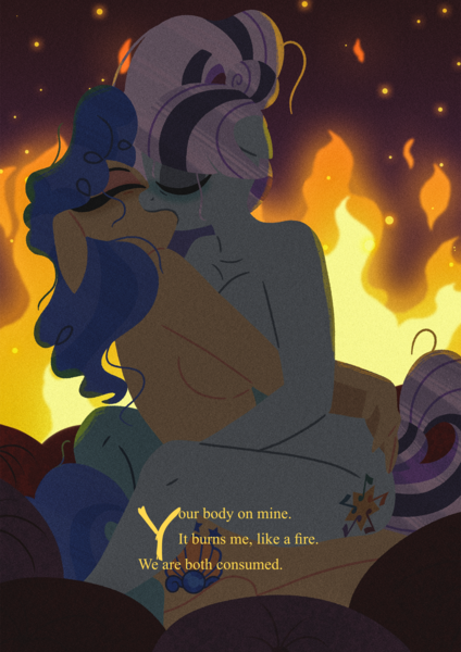 Size: 2481x3508 | Tagged: questionable, artist:bearmation, derpibooru import, coloratura, sapphire shores, anthro, earth pony, absurd file size, breasts, complete nudity, countess coloratura, eyes closed, female, fire, floppy ears, high res, image, kiss on the lips, kissing, lesbian, making out, nudity, png, sex, shipping, text
