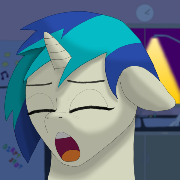 Size: 4096x4096 | Tagged: safe, artist:jorge, derpibooru import, vinyl scratch, pony, unicorn, album cover, clock, detailed background, eyes closed, female, floppy ears, horn, image, kitchen, kitchen sink, mare, night, png, refrigerator, solo, yawn