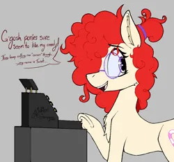 Size: 1020x953 | Tagged: safe, artist:chrysopoeia, artist:pinkberry, derpibooru import, twist, earth pony, pony, alternate design, alternate hairstyle, cash register, chest fluff, cute, dialogue, ear fluff, female, freckles, g4, glasses, hair over one eye, image, justice, mare, older, older twist, open mouth, open smile, png, smiling, solo, twistabetes, underhoof