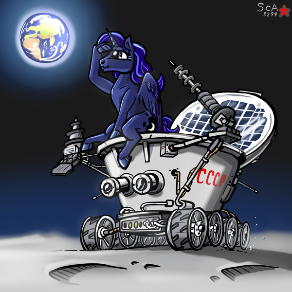 Size: 2400x2400 | Tagged: safe, artist:scarletdex8299, derpibooru import, princess luna, alicorn, pony, camera, cosmonaut, crater, dust, earth, exploring, female, flowing mane, history, image, irl, lunokhod, moon, photo, planet, png, ponies in real life, riding, sitting, soviet union, space, space race, technology, vehicle
