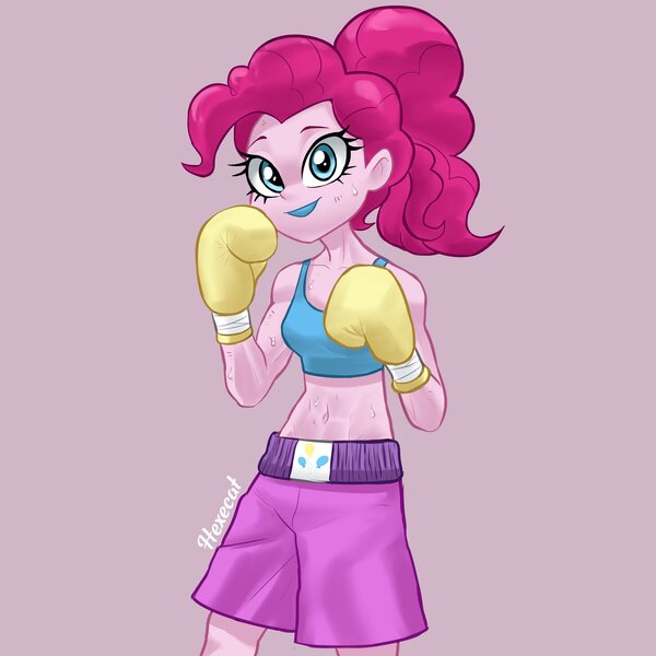 Size: 2048x2048 | Tagged: safe, artist:hexecat, derpibooru import, pinkie pie, equestria girls, belly, belly button, boxer, boxing, boxing gloves, collarbone, female, fit, g4, image, jpeg, lipstick, midriff, muscles, slender, solo, sports, sternocleidomastoid, sweat, thin