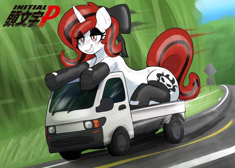 Size: 2048x1467 | Tagged: safe, artist:somebodyaswell, derpibooru import, oc, oc:lilith, unofficial characters only, inflatable pony, pony, unicorn, grin, horn, image, inflatable, jpeg, kei truck, latex, seams, smiling, solo