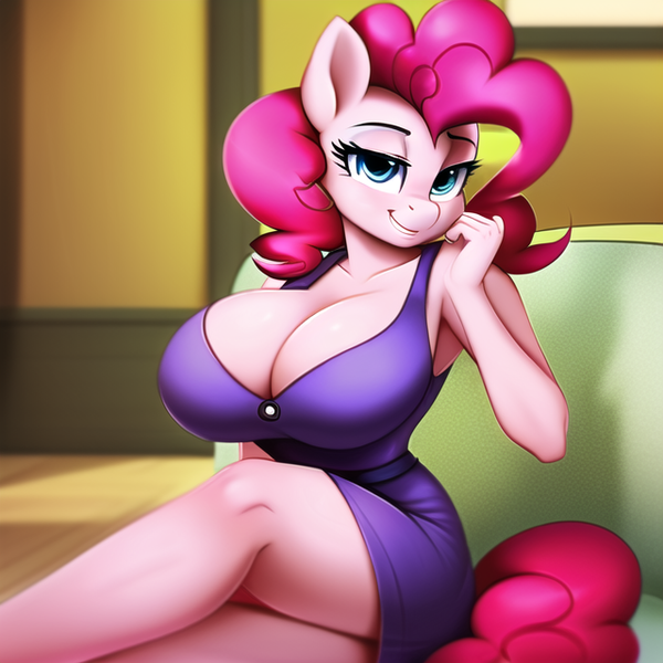 Size: 640x640 | Tagged: suggestive, ai content, derpibooru import, machine learning generated, novelai, stable diffusion, pinkie pie, anthro, bedroom eyes, big breasts, breasts, busty pinkie pie, cleavage, clothes, dress, female, image, living room, looking at you, png, sitting, smiling