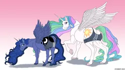 Size: 4800x2700 | Tagged: safe, artist:atariboy2600, derpibooru import, princess celestia, princess luna, alicorn, pony, adidas, butt, clothes, duo, duo female, female, gradient background, high res, hoers, image, looking at you, looking back, looking back at you, luna is not amused, mare, medium support, meme, moonbutt, pink background, plot, png, raised hoof, royal sisters, shadow, siblings, simple background, sisters, smiling, smiling at you, sports bra, spread wings, sunbutt, unamused, underhoof, wardrobe misuse, wings