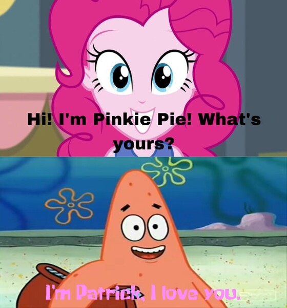 Size: 864x925 | Tagged: safe, derpibooru import, pinkie pie, human, equestria girls, chocolate with nuts, crossover, g4, image, jpeg, patrick star, spongebob squarepants