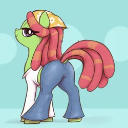Size: 3000x3000 | Tagged: suggestive, artist:t72b, derpibooru import, tree hugger, earth pony, pony, art pack:flare mares, bandana, bedroom eyes, blouse, clothes, denim, dreadlocks, female, image, jeans, looking at you, looking back, looking back at you, mare, pants, png, raised tail, simple background, solo, tail