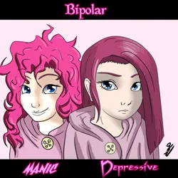 Size: 900x900 | Tagged: artist needed, safe, derpibooru import, pinkie pie, human, bipolar, clothes, curly hair, depressed, female, hoodie, humanized, image, manic, mental illness, pink background, pinkamena diane pie, png, signature, simple background, straight hair