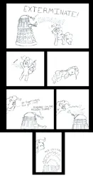 Size: 2279x4362 | Tagged: safe, artist:qaxis, derpibooru import, pinkie pie, earth pony, comic, crossover, dalek, doctor who, exterminate, fake death, g4, image, monochrome, png, sketch