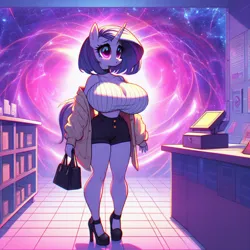 Size: 1024x1024 | Tagged: safe, ai content, derpibooru import, machine learning generated, oc, unofficial characters only, anthro, unicorn, abstract background, adorasexy, bag, big breasts, breasts, busty oc, cash register, choker, clothes, collar, counter, curvy, cute, female, handbag, high heels, horn, hourglass figure, huge breasts, image, jacket, not rarity, png, prompter:horselover fat, purse, sexy, shelves, shoes, shorts, solo, standing, store, surreal, tanktop, tiled floor, unicorn oc, wide hips