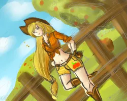 Size: 900x720 | Tagged: safe, artist:moonfullite, derpibooru import, applejack, human, apple, apple tree, applejack's hat, belly button, boots, clothes, cowboy boots, cowboy hat, daisy dukes, fence, food, freckles, g4, hat, humanized, image, jpeg, leaning back, shoes, shorts, tree