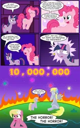 Size: 1116x1781 | Tagged: safe, derpibooru import, derpy hooves, dinky hooves, lily, lily valley, pinkie pie, twilight sparkle, earth pony, pegasus, unicorn, equestria daily, blushing, bouncing, fire, fireworks, g4, horn, image, png, sweat, sweatdrop, the horror