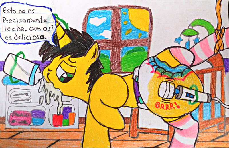Size: 3357x2174 | Tagged: questionable, artist:bitter sweetness, derpibooru import, oc, oc:bitter sweetness, unofficial characters only, unicorn, abdl, adult foal, baby bottle, bondage, changing table, clothes, crib, cum, diaper, diaper fetish, fetish, furniture, glow, glowing horn, green eyes, horn, image, levitation, magic, male, milk, non-baby in diaper, onomatopoeia, oral, pissing, png, poofy diaper, sex, sex toy, socks, solo, sound effects, spanish, spanish text, speech bubble, striped socks, telekinesis, tied up, traditional art, translated in the description, unicorn oc, urine, used diaper, vibrator, wet diaper, wetting, wetting diaper, wooden floor