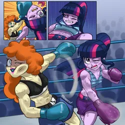 Size: 3000x3000 | Tagged: safe, artist:herosmacker, derpibooru import, golden hazel, sci-twi, twilight sparkle, equestria girls, boxing, comic, g4, hook, image, png, sports, uppercut