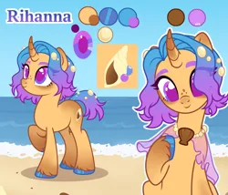 Size: 3500x3000 | Tagged: safe, artist:nika-rain, derpibooru import, oc, oc:rihanna, unofficial characters only, pony, unicorn, beach, color palette, colored hooves, colored pupils, curved horn, cute, cutie mark, eye clipping through hair, female, freckles, gradient horn, gradient legs, gradient mane, gradient tail, hoof polish, horn, image, jewelry, necklace, ocean, png, raised hoof, reference, reference sheet, shawl, show accurate, sky, standing, tail, unshorn fetlocks, vector, water