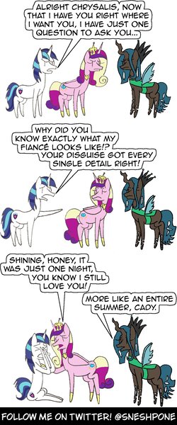 Size: 1000x2400 | Tagged: safe, artist:sneshpone, derpibooru import, princess cadance, queen chrysalis, shining armor, alicorn, changeling, changeling queen, pony, unicorn, 3 panel comic, comic, crown, cutie mark, dialogue, female, horn, image, implied sex, infidelity, jewelry, jpeg, regalia, simple background, tiara, white background, wings