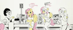 Size: 3336x1400 | Tagged: safe, artist:foxxy-arts, derpibooru import, fluttershy, anthro, human, pegasus, cashier, checkout line, dialogue, embarrassed, female, grocery store, high res, human to anthro, image, jpeg, multeity, partial color, simple background, transformation