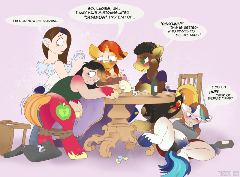 Size: 2231x1652 | Tagged: questionable, artist:foxxy-arts, derpibooru import, big macintosh, braeburn, derpy hooves, double diamond, shining armor, soarin', sunburst, vinyl scratch, earth pony, human, pegasus, pony, unicorn, alcohol, blushing, book, clothes, crotch bulge, dialogue, dirty talk, drink, female to male, figurine, group, horn, human to pony, image, png, rule 63, simple background, table, torn clothes, transformation, transgender transformation