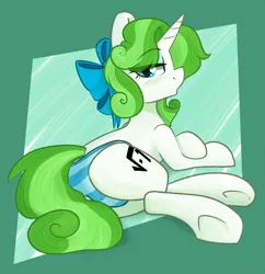 Size: 1362x1406 | Tagged: suggestive, artist:modularpon, derpibooru import, oc, oc:minty root, pony, unicorn, blue underwear, bow, clothes, female, hair bow, horn, image, lidded eyes, looking at you, looking back, looking back at you, mare, panties, png, presenting, sitting, solo, solo female, striped underwear, underwear