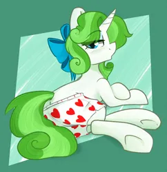 Size: 1362x1406 | Tagged: suggestive, artist:modularpon, derpibooru import, oc, oc:minty root, pony, unicorn, blue underwear, bow, boxers, clothes, female, hair bow, heart, heart print underwear, horn, image, lidded eyes, looking at you, looking back, looking back at you, mare, png, presenting, sitting, solo, solo female, underwear