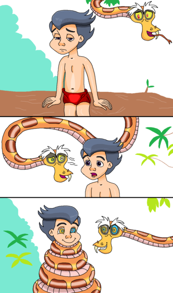 Size: 971x1640 | Tagged: safe, artist:ocean lover, derpibooru import, discord, rumble, human, snake, 1000 hours in ms paint, 3 panel comic, antagonist, bare shoulders, belly button, big smile, bush, child, clothes, coils, comic, comic panel, crossover, discord being discord, disney, duo, duo male, eyebrows, forest, forked tongue, frown, happy, human coloration, humanized, hypno eyes, hypnosis, hypnotized, image, jungle, kaa, kaa eyes, leaves, log, loincloth, looking at each other, looking at someone, male, mowgli, ms paint, nature, open mouth, panel, png, purple eyes, sad, shocked, simple background, sitting, species swap, squeeze, surprised, the jungle book, trance, transparent background, tree, twig, two toned hair, weird, white background, wrapped snugly, wrapped up