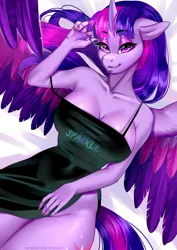 Size: 1414x2000 | Tagged: suggestive, artist:zhadart, derpibooru import, twilight sparkle, alicorn, anthro, breasts, busty twilight sparkle, cleavage, clothes, colored wings, dress, eyeshadow, female, image, looking at you, makeup, off shoulder, playing with hair, png, side slit, smiling, smiling at you, solo, solo female, spread wings, total sideslit, wings