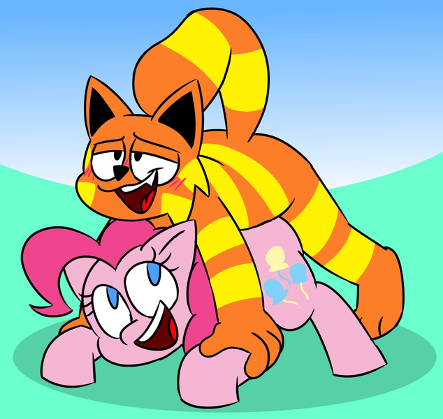 Size: 1573x1488 | Tagged: explicit, artist:beamthecat, pinkie pie, oc, anthro, cat, earth pony, pony, bedroom eyes, blushing, canon x oc, face down ass up, female, furry, furry oc, happy, image, looking back, male, mare, obscured penetration, open mouth, open smile, outdoors, png, sex, sky, smiling, tail