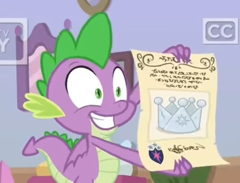 Size: 1417x1080 | Tagged: safe, derpibooru import, screencap, spike, dragon, sparkle's seven, 2019, crown, grin, hard-won helm of the sibling supreme, image, jewelry, jpeg, regalia, scroll, shining armor's cutie mark, smiling, solo, winged spike, wings