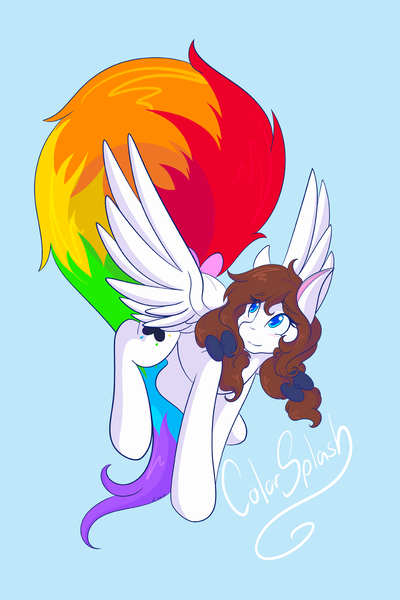 Size: 1365x2048 | Tagged: safe, artist:mscolorsplash, derpibooru import, oc, oc:color splash, unofficial characters only, pegasus, pony, bow, female, hair bow, image, light blue background, long tail, looking back, mare, pigtails, png, rainbow tail, signature, simple background, smiling, solo, spread wings, tail, twintails, wings
