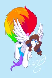 Size: 1365x2048 | Tagged: safe, artist:mscolorsplash, derpibooru import, oc, oc:color splash, unofficial characters only, pegasus, pony, bow, female, hair bow, image, light blue background, long tail, looking back, mare, pigtails, png, rainbow tail, signature, simple background, smiling, solo, spread wings, tail, twintails, wings