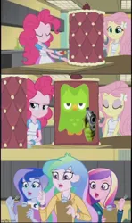 Size: 500x846 | Tagged: safe, derpibooru import, edit, edited screencap, screencap, fluttershy, pinkie pie, princess cadance, princess celestia, princess luna, equestria girls, duolingo, g4, gun, image, meme, my little pony equestria girls: friendship games, png, principal celestia, vice principal luna, weapon