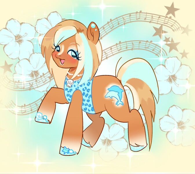 Size: 2048x1826 | Tagged: safe, artist:fluttr3, derpibooru import, oc, unofficial characters only, earth pony, pony, abstract background, blushing, eyeshadow, female, glitter, gyaru, hoof polish, image, jewelry, jpeg, looking at you, makeup, mare, necklace, raised hoof, seashell necklace, smiling, smiling at you, solo, unshorn fetlocks