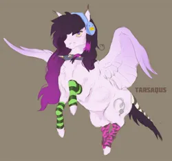 Size: 1517x1422 | Tagged: safe, artist:tarsaqus, derpibooru import, oc, unofficial characters only, pegasus, pony, belly fluff, brown background, chest fluff, choker, clothes, female, flying, headphones, image, jpeg, leg warmers, mare, simple background, solo, spiked choker