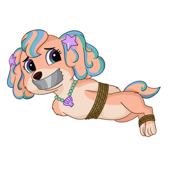 Size: 2000x2000 | Tagged: suggestive, derpibooru import, dog, bondage, bound and gagged, coral, damsel in distress, gag, image, kidnapped, no pony, paw patrol, png, puppy, rope, rope bondage, simple background, solo, tape, tape gag, tied up, transparent background