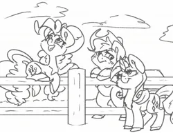 Size: 2048x1582 | Tagged: safe, artist:leadhooves, derpibooru import, applejack, pinkie pie, rarity, earth pony, pony, unicorn, female, fence, grayscale, horn, image, jpeg, looking at each other, looking at someone, looking up, mare, monochrome, open mouth, open smile, simple background, smiling, trio, white background