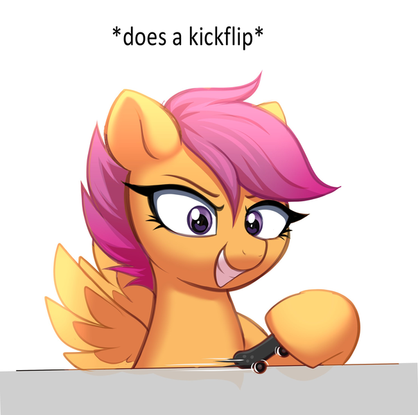 Size: 2211x2200 | Tagged: safe, artist:confetticakez, derpibooru import, scootaloo, pegasus, pony, female, filly, foal, g4, high res, image, mare, png, simple background, skateboard, smiling, solo, tech deck, text, white background, wings