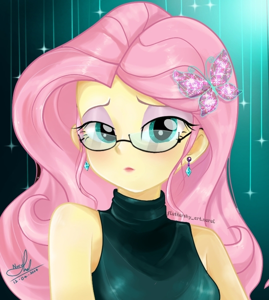 Size: 766x854 | Tagged: safe, artist:fluttershy_art.nurul, derpibooru import, fluttershy, butterfly, insect, equestria girls, beautiful, butterfly on nose, clothes, cute, dress, dressup, ear piercing, earring, eyeshadow, fanart, g4, glasses, green eyes, hairpin, hot, image, insect on nose, jewelry, jpeg, makeup, mommy, piercing, pink hair, solo, sparkling