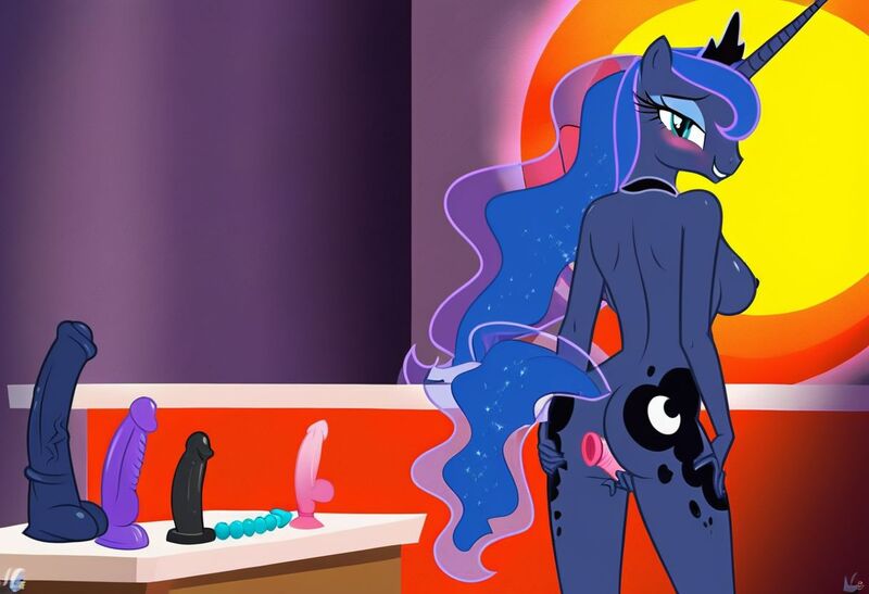 Size: 1216x832 | Tagged: explicit, ai content, machine learning generated, stable diffusion, princess luna, alicorn, anthro, beckoning, blushing, busty princess luna, dildos everywhere, exhibitionism, flirty, inviting, jpeg, looking back at you, masturbation, nudity, seductive pose, sex shop, sex toy, sexy, sideboob, smiling, solo, standing