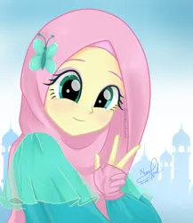 Size: 1428x1646 | Tagged: safe, artist:fluttershy_art.nurul, derpibooru import, fluttershy, butterfly hairpin, clothes, cute, dress, fanart, hairpin, image, islam, islamashy, looking at you, mosque, png, religion, smiling, smiling at you, solo, veil