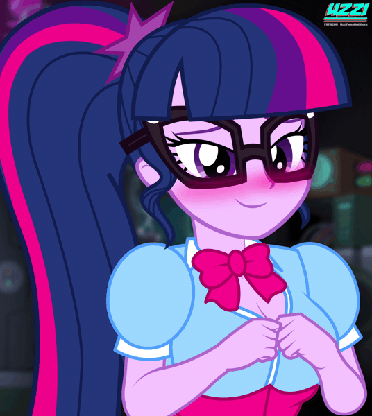 Size: 1786x2000 | Tagged: questionable, artist:uzzi-ponydubberx, paywalled source, sci-twi, twilight sparkle, equestria girls, animated, areola, blushing, bra, breasts, busty sci-twi, busty twilight sparkle, clothes, flashing boobs, g4, gif, glasses, image, nipples, nudity, show accurate, underwear