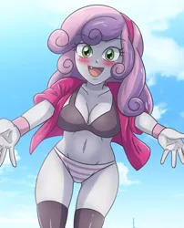 Size: 2200x2724 | Tagged: suggestive, artist:sumin6301, derpibooru import, sweetie belle, human, equestria girls, 2d, belly button, blushing, breasts, busty sweetie belle, cleavage, clothes, cloud, eyebrows, eyebrows visible through hair, fangs, female, g4, hairband, image, jpeg, legs, looking at you, looking down, looking down at you, midriff, older, older sweetie belle, open arms, open mouth, open smile, outdoors, panties, shirt, sky, smiling, socks, solo, striped panties, striped underwear, thigh highs, thighs, underwear, wrist cuffs