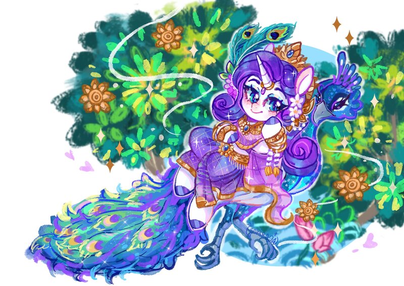 Size: 2048x1448 | Tagged: safe, artist:sonira24, derpibooru import, rarity, bird, peacock, pony, unicorn, bracelet, clothes, female, g4, goddess, horn, horn jewelry, horn ring, image, jewelry, jpeg, mare, new year, reclining, regalia, riding, ring, skirt, songkran, thai