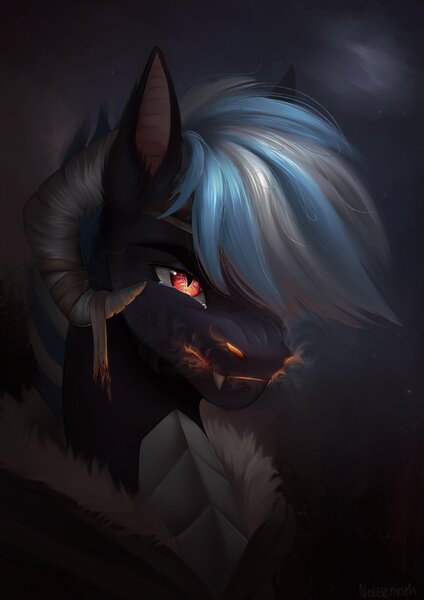 Size: 1595x2257 | Tagged: safe, artist:nettlemoth, derpibooru import, oc, unofficial characters only, pony, cloak, clothes, fangs, fire, fire breath, goat horns, horns, image, jpeg, male, peytral, slit pupils, solo, stallion