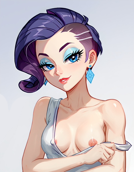 Size: 896x1152 | Tagged: questionable, ai content, derpibooru import, machine learning generated, prompter:gullveigai, stable diffusion, rarity, human, breasts, ear piercing, earring, female, g4, generator:pony diffusion v6 xl, gradient background, humanized, image, jewelry, nipple slip, nipples, nudity, piercing, png, solo, solo female, wardrobe malfunction