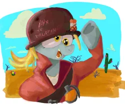 Size: 920x783 | Tagged: safe, artist:bambamsnooz, derpibooru import, derpy hooves, pegasus, pony, bandolier, blue sky, bullet hole, cactus, cigarette, clothes, cloud, day, derp, desert, detailed background, digital art, digital painting, g4, graffiti, grenade, grin, helmet, hoof heart, image, open mouth, open smile, outdoors, png, popped collar, raised hoof, salute, sand, shirt, slogan, smiling, soldier (tf2), solo, team fortress 2, underhoof, undershirt, uniform, weeds, wingding eyes