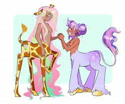 Size: 1797x1500 | Tagged: suggestive, artist:stevetwisp, derpibooru import, fluttershy, twilight sparkle, centaur, giraffe, unicorn, abstract background, belly button, blushing, braid, breasts, centaurified, curved horn, featureless breasts, female, giraffied, hair bun, height difference, holding hands, horn, image, jpeg, leonine tail, lesbian, looking at each other, looking at someone, nudity, ossicones, scar, ship:twishy, shipping, species swap, surgery scar, tail, top scars, unshorn fetlocks