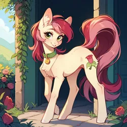 Size: 1024x1024 | Tagged: safe, ai content, derpibooru import, machine learning generated, prompter:doom9454, stable diffusion, roseluck, earth pony, pony, collar, cute, flower, fluffy, generator:pony diffusion v6 xl, image, looking at you, pet tag, png, pony pet, rose, rosepet, standing