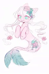 Size: 633x951 | Tagged: safe, artist:leafywind, derpibooru import, oc, unofficial characters only, merpony, pony, seapony (g4), dorsal fin, female, fin, fish tail, flower, flower in hair, flowing mane, flowing tail, happy, image, jpeg, mare, open mouth, open smile, scales, simple background, smiling, solo, swimming, tail, teeth, white background