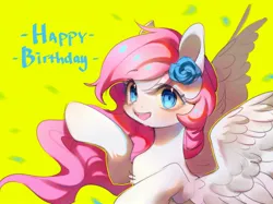Size: 2048x1534 | Tagged: safe, artist:leafywind, derpibooru import, oc, unofficial characters only, pegasus, pony, chest fluff, female, flower, flower in hair, happy birthday, image, jpeg, mare, simple background, solo, yellow background