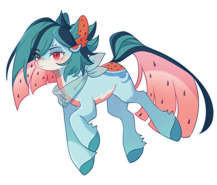 Size: 2048x1742 | Tagged: safe, artist:leafywind, derpibooru import, oc, ponified, unofficial characters only, earth pony, food pony, original species, pony, eye clipping through hair, eyebrow piercing, eyebrows, eyebrows visible through hair, female, food, hair accessory, image, jpeg, mare, neckerchief, piercing, rule 85, simple background, solo, watermelon, white background