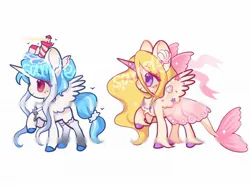 Size: 2048x1534 | Tagged: safe, artist:leafywind, derpibooru import, oc, unofficial characters only, alicorn, merpony, pegasus, pony, adoptable, alicorn oc, clothes, duo, female, horn, image, jewelry, jpeg, key, mare, necklace, socks, water mane, wings